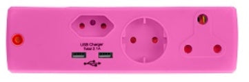 ADAPTOR 1X16A+1X5A+1SK+2USB PINK E/MATE